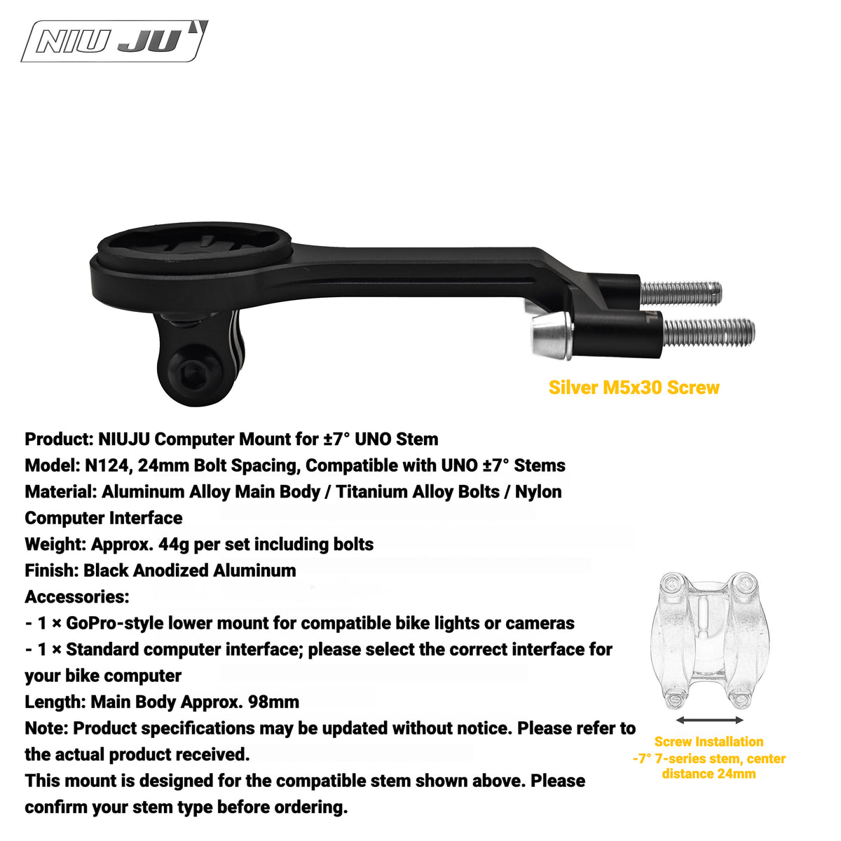 NIUJU Lightweight Computer Mount for UNO Stem | Forged Garmin Wahoo Mount