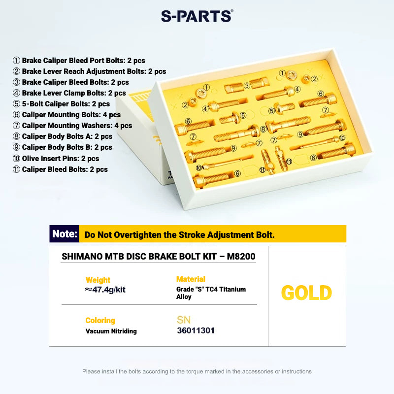 S-PARTS TC4 Titanium Bolt Kit for Shimano Deore XT M8200 / M8220 | MTB Disc Brake & Component Screws