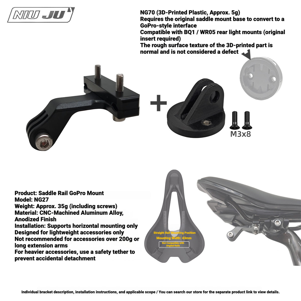 NIUJU NG70 Rear Light Adapter for MEROCA BQ1 / WR05 | GoPro-Style Mount