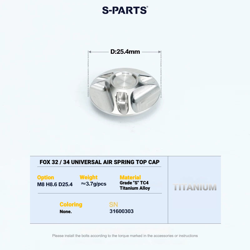 S-PARTS TC4 Titanium Front Thru Axle & Air Spring Top Cap for FOX MTB Fork