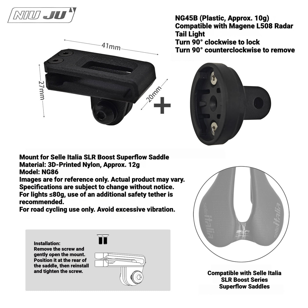 NIUJU Saddle GoPro & Rear Light Mount for Selle Italia SLR Boost Superflow | 3D Printed Nylon
