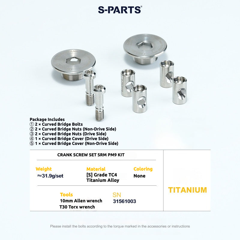 S-PARTS Titanium Screws to fit SRM PM9 Titanium Crank Covers for drive and non-drive sides.