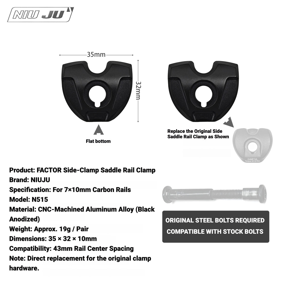 NIUJU Torque 10mm Saddle Clamp for FACTOR OSTRO VAM | 7×9mm Carbon Rail Compatible