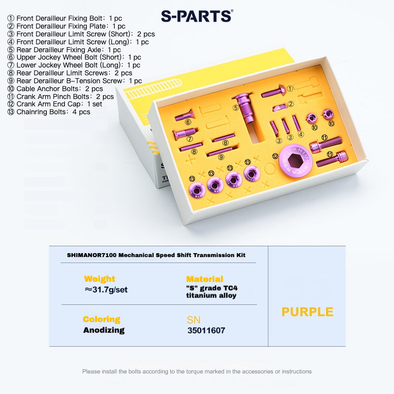 Kit de boulons en titane S-PARTS pour Shimano R7100 / R7120 mécanique – Mise à niveau de transmission 13 pièces