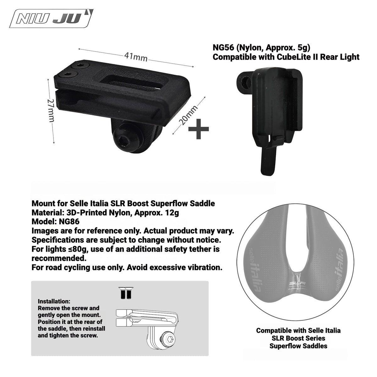 NIUJU Saddle GoPro & Rear Light Mount for Selle Italia SLR Boost Superflow | 3D Printed Nylon