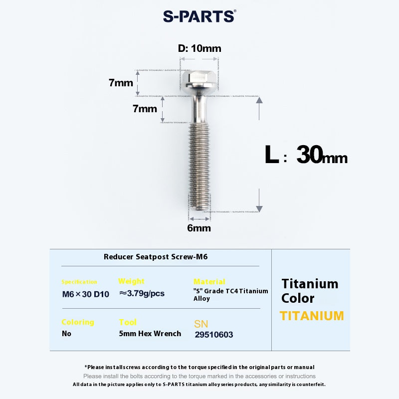 S-PARTS M6 Titanium Seatpost Step-Down Bolt & Nut Kit β Multiple Lengths & Colors