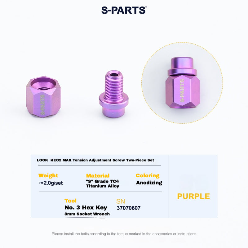 Kit de mise à niveau pédales S-PARTS en titane pour LOOK KEO2 MAX (60,5 g) et KEO BLADE (52,9 g) – Axes, boulons de tension et goupilles
