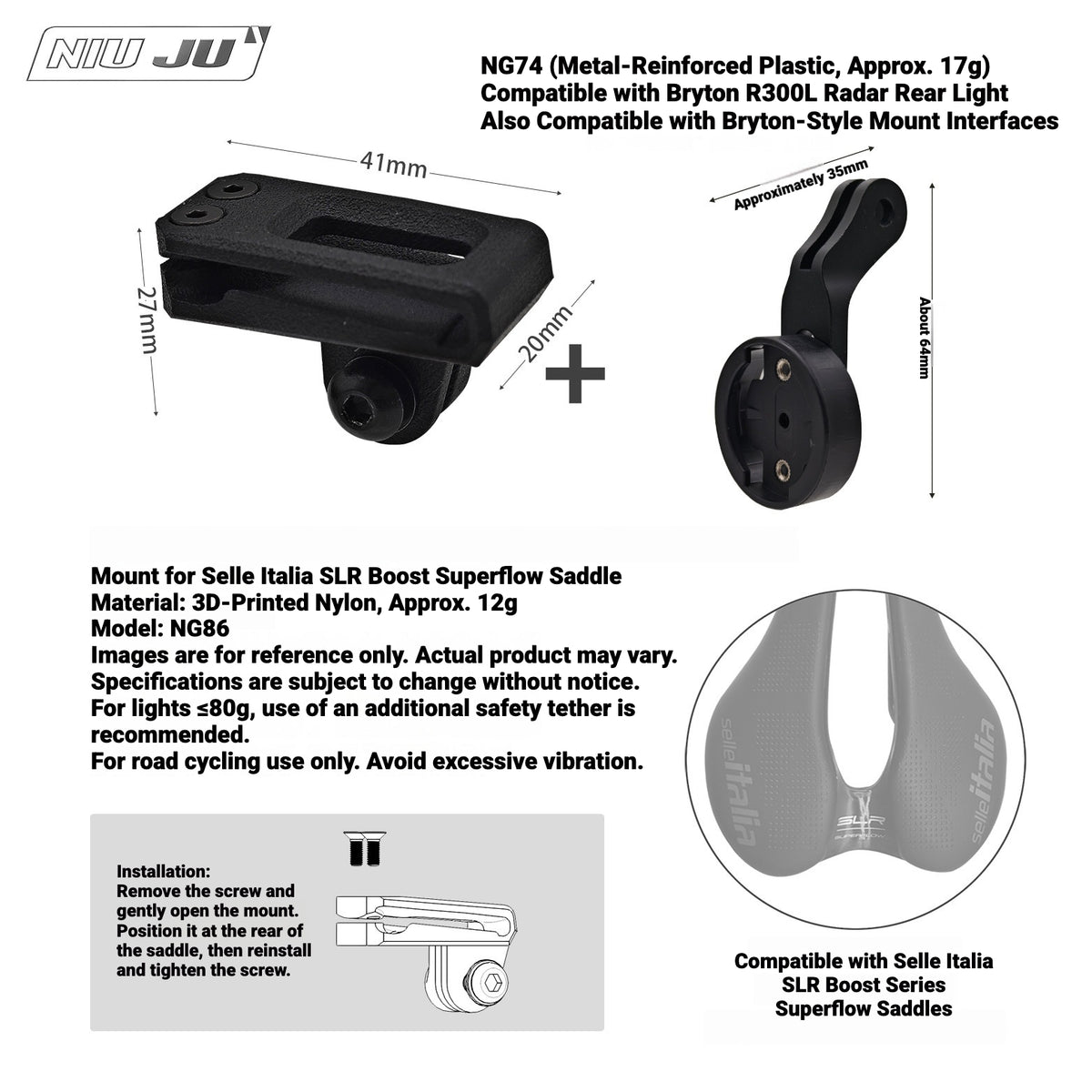 NIUJU Saddle GoPro & Rear Light Mount for Selle Italia SLR Boost Superflow | 3D Printed Nylon