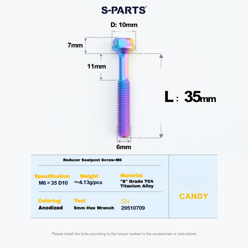 S-PARTS M6 Titanium Seatpost Step-Down Bolt & Nut Kit β Multiple Lengths & Colors
