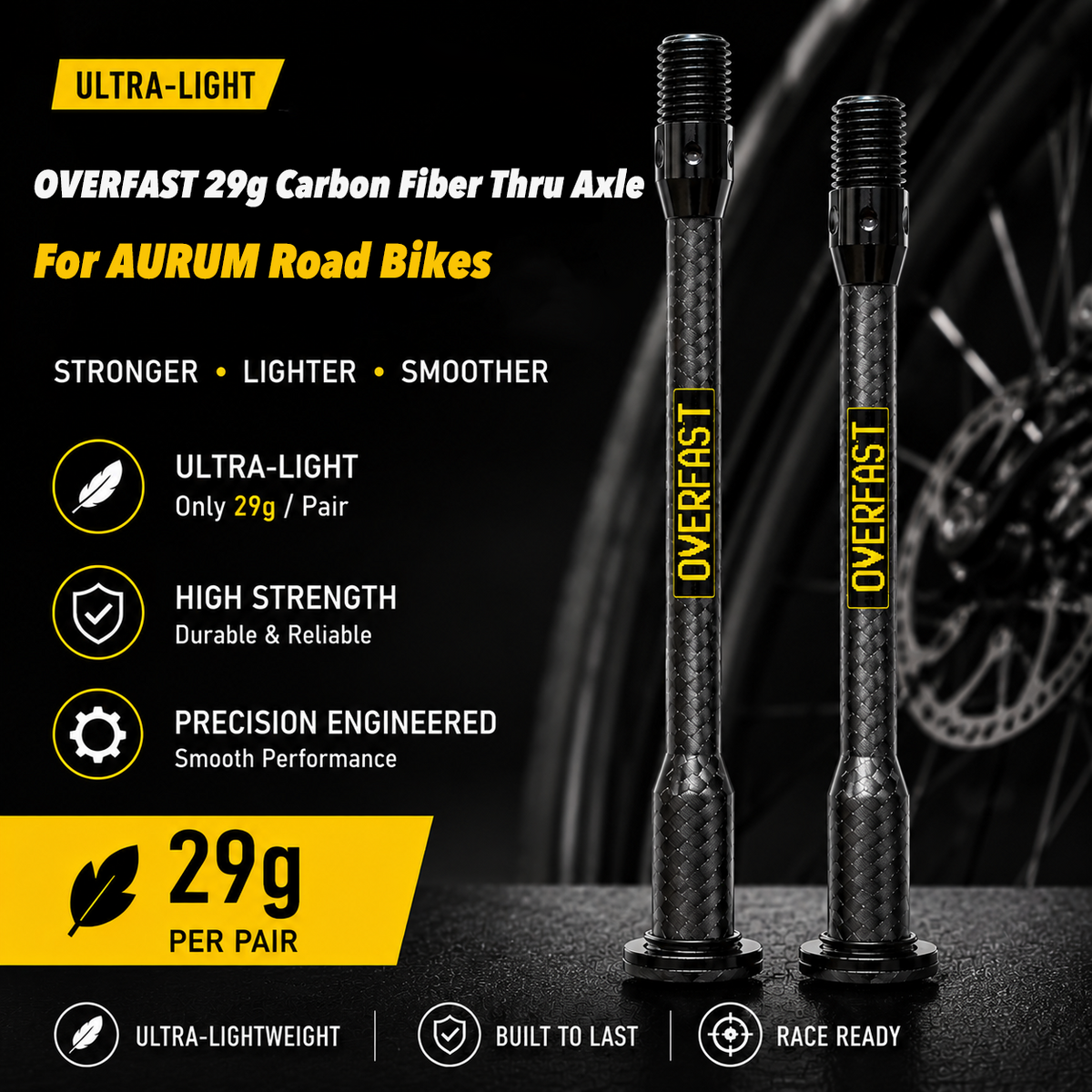 OVERFAST 29g Ultra-Light Carbon Fiber Thru Axle Set for AURUM Road Bikes
