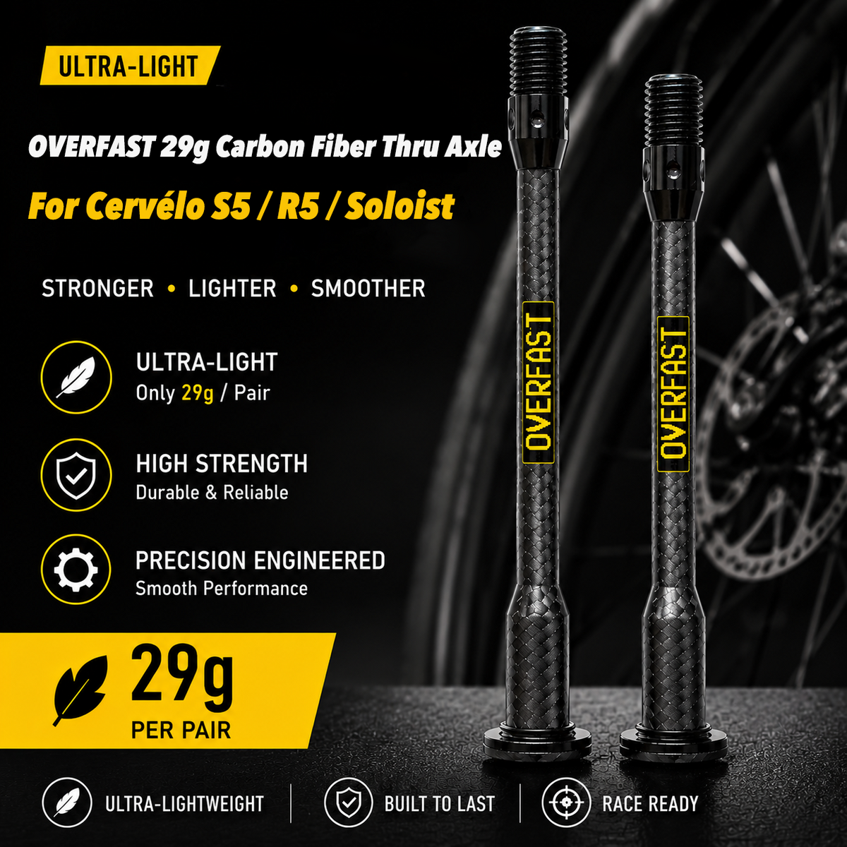 OVERFAST 29g Ultra-Light Carbon Fiber Thru Axle Set for Cervélo S5 / R5 / Soloist