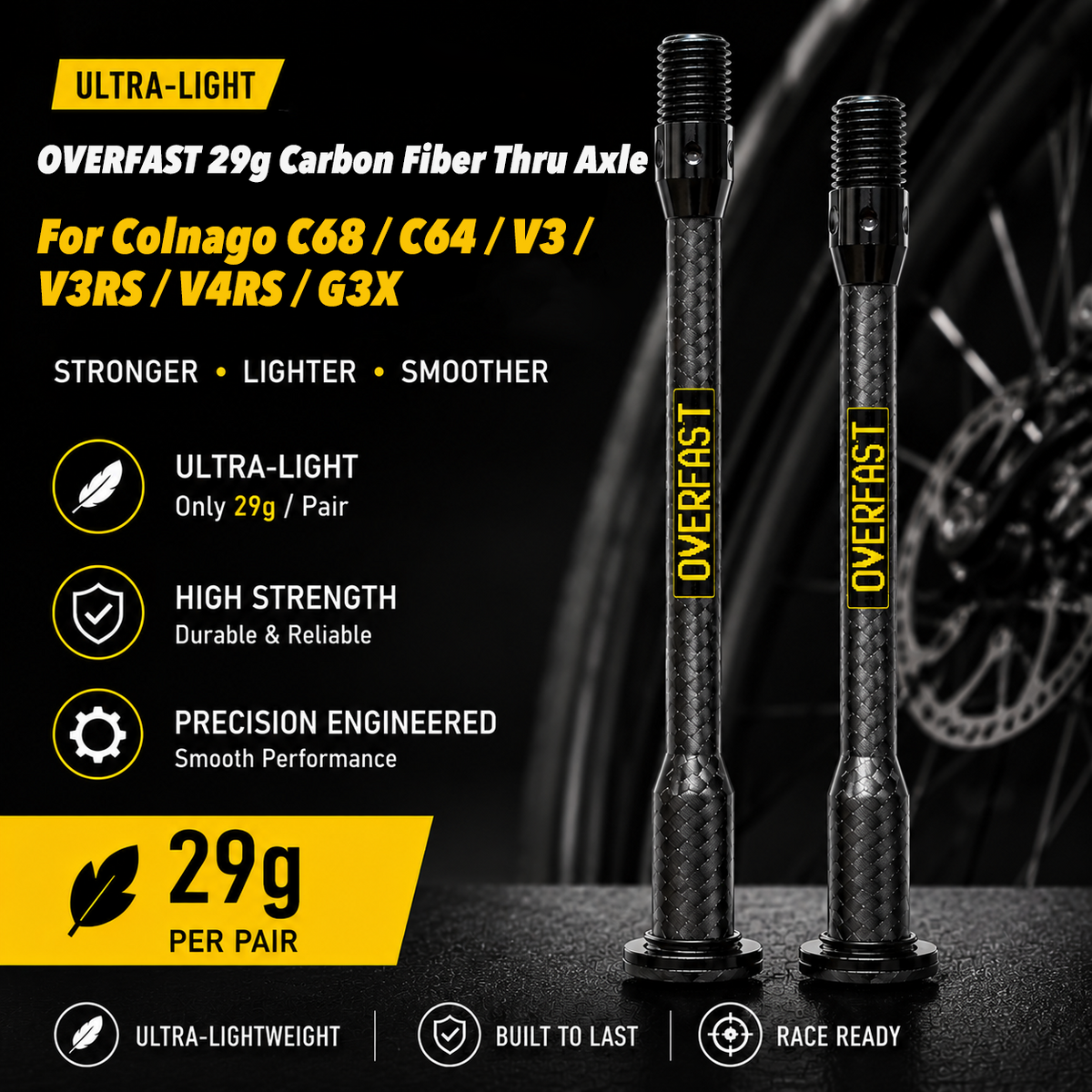 OVERFAST 29g Ultra-Light Carbon Fiber Thru Axle Set for Colnago C68 / C64 / V3 / V3RS / V4RS / G3X
