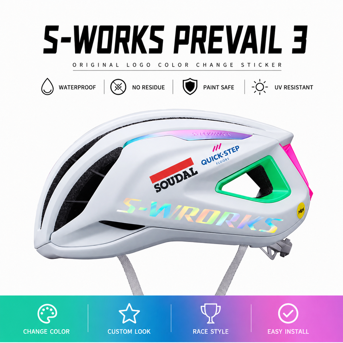Kit de Adesivos Decal para Capacete S-Works Prevail 3 - Mudança de Cor do Logo da Equipe Specialized Quick-Step