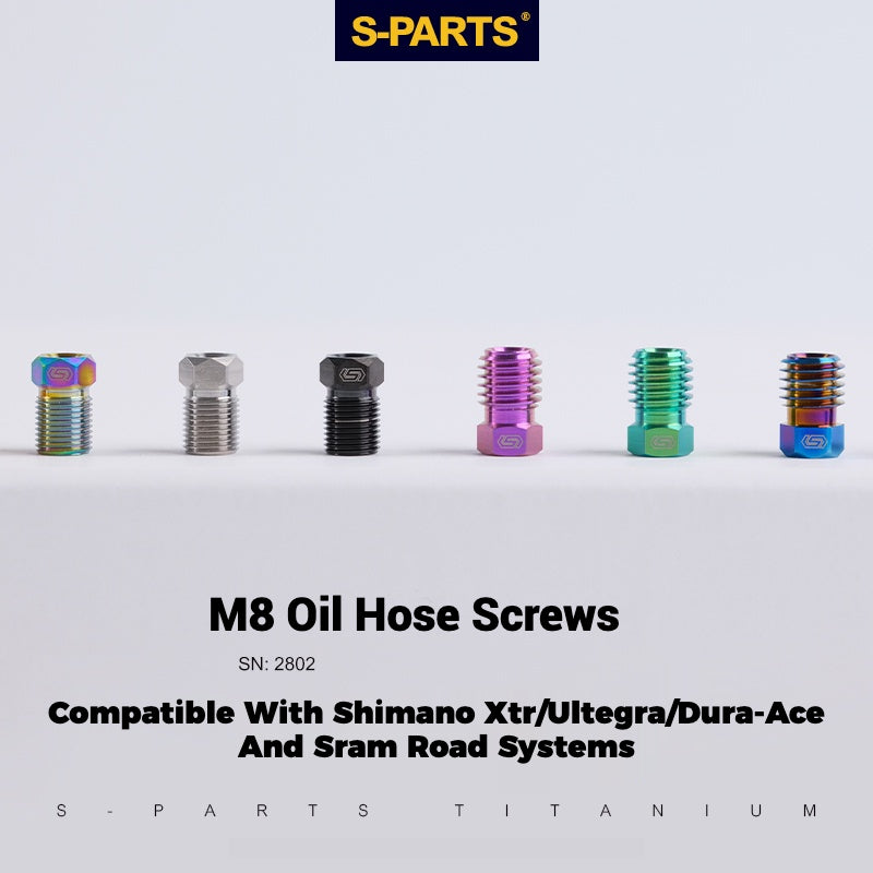 Parafusos de Mangueira Hidráulica de Titânio S-PARTS para MTB e Bikes de Estrada | Compatível com Sistemas Shimano XTR/Ultegra/Dura-Ace e SRAM Road | Parafusos de Mangueira de Óleo M8