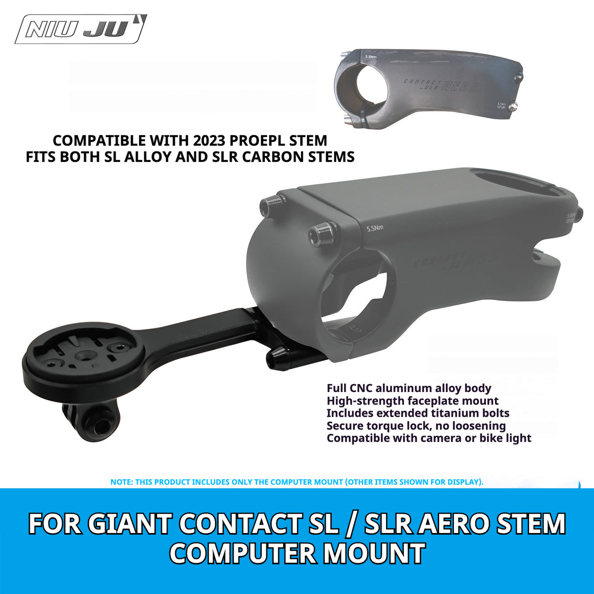 NIUJU 풀 CNC 가공 알루미늄 자전거 컴퓨터 마운트 (Giant Contact SL/SLR/Aero 스템용) — Garmin/Wahoo/Bryton/Giant/Cateye 호환 (42 g)