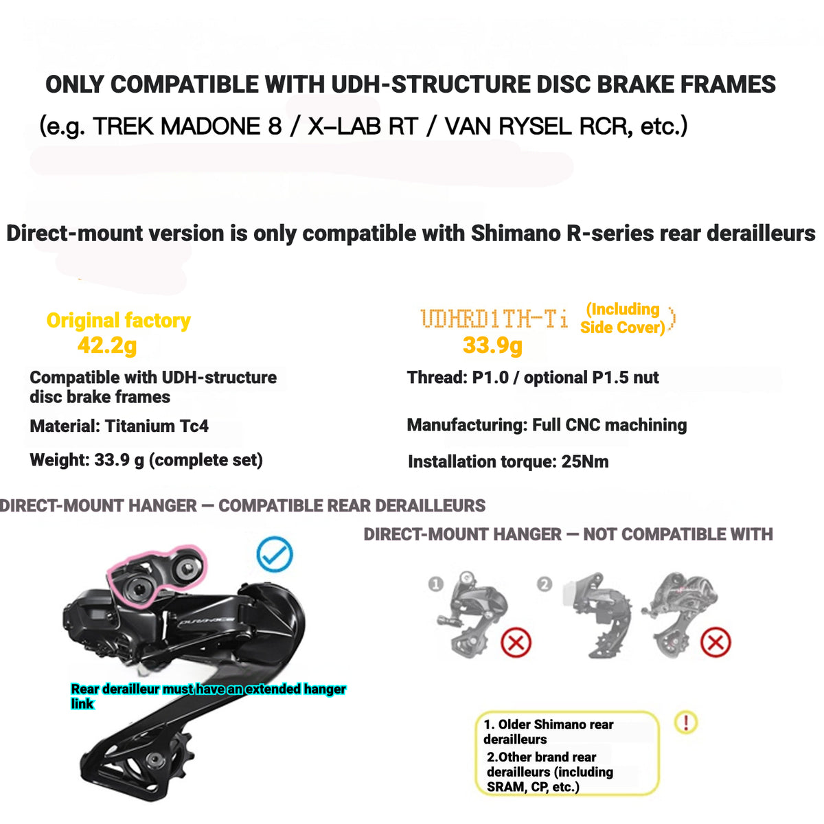 Gancheira de Câmbio UDH Chaser em Titânio | Shimano Direct Mount / SRAM & Campagnolo Universal 2TH | Trek Madone Gen 8, Colnago V5RS, Y1RS & QUICKER ONE