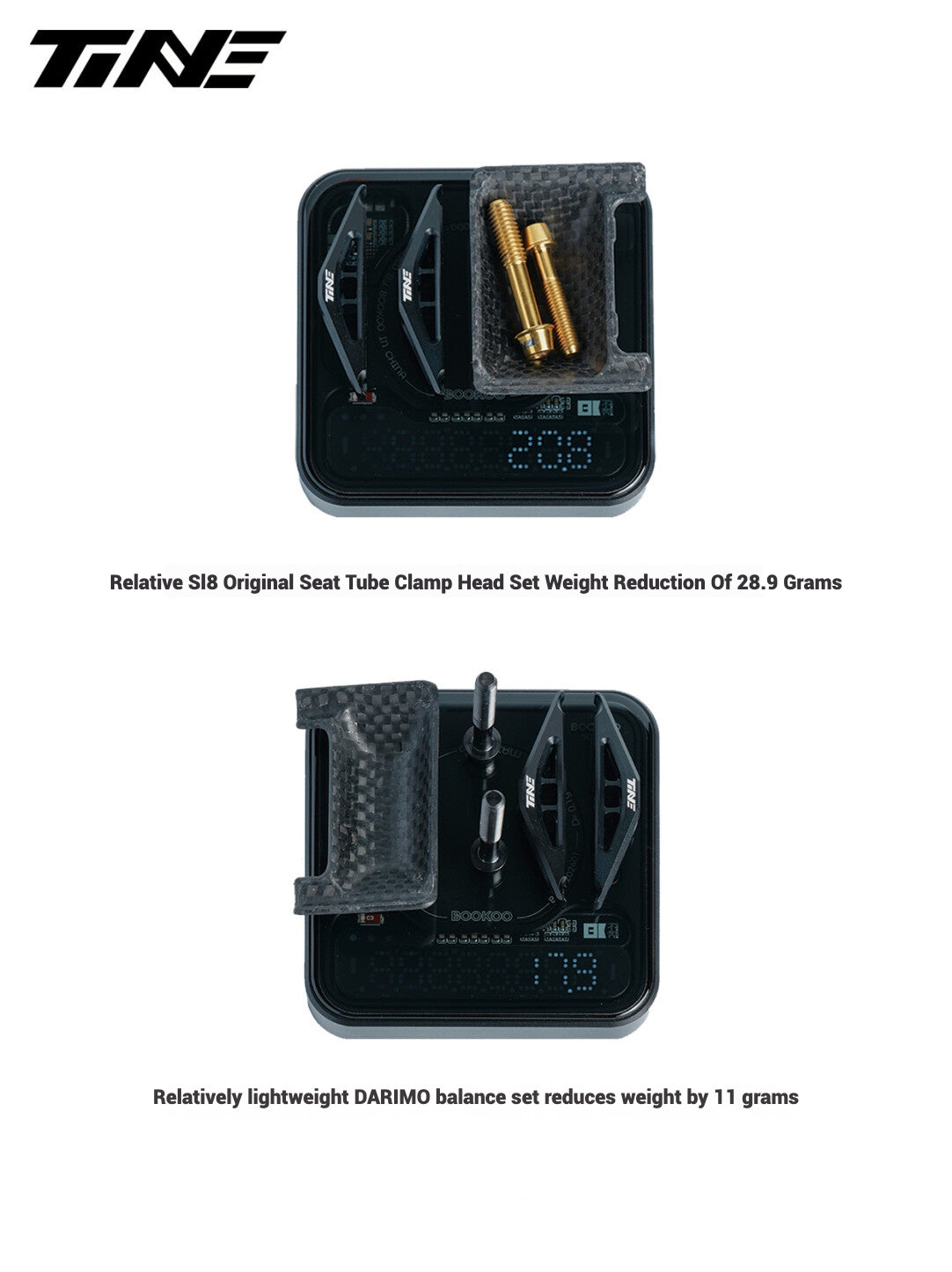 Collier de selle et système de réglage ultra-léger TiNE 6,8 g | Compatible avec tiges de selle Specialized SL9/SL8 Aethos, Colnago et DARIMO | Précision en titane CNC