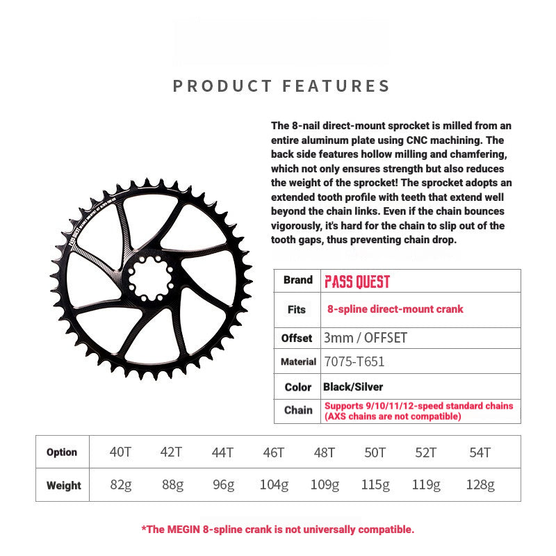 PASS QUEST 8-Bolt Direct Mount Narrow-Wide Chainring for SRAM RED DUB | 3mm Offset 40T–54T
