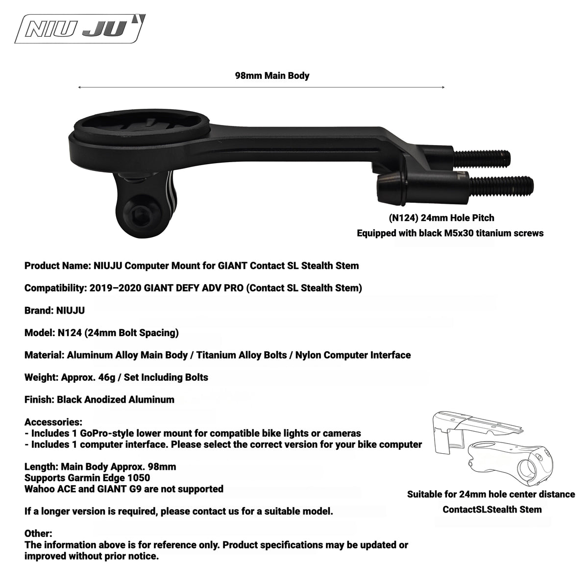 NIUJU Computer Mount for GIANT CONTACT SL Stem | DEFY Advanced Pro 2019–2020