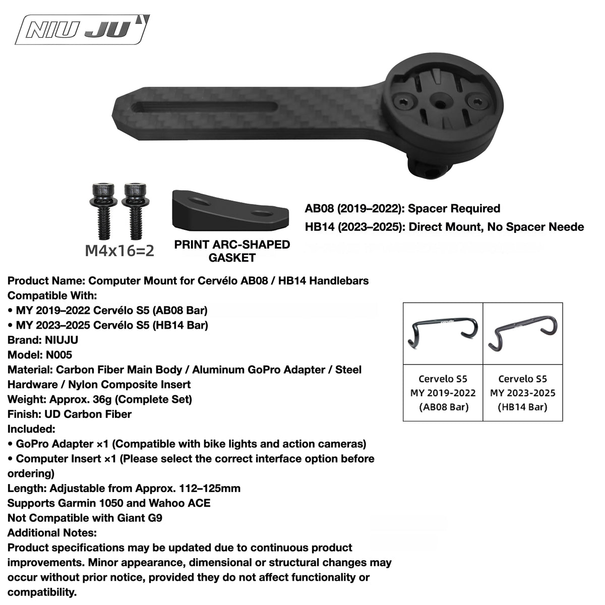 NIUJU Cervélo S5 Computer Mount for AB08 & HB14 Handlebars (2019–2025) | Garmin Wahoo GoPro Compatible