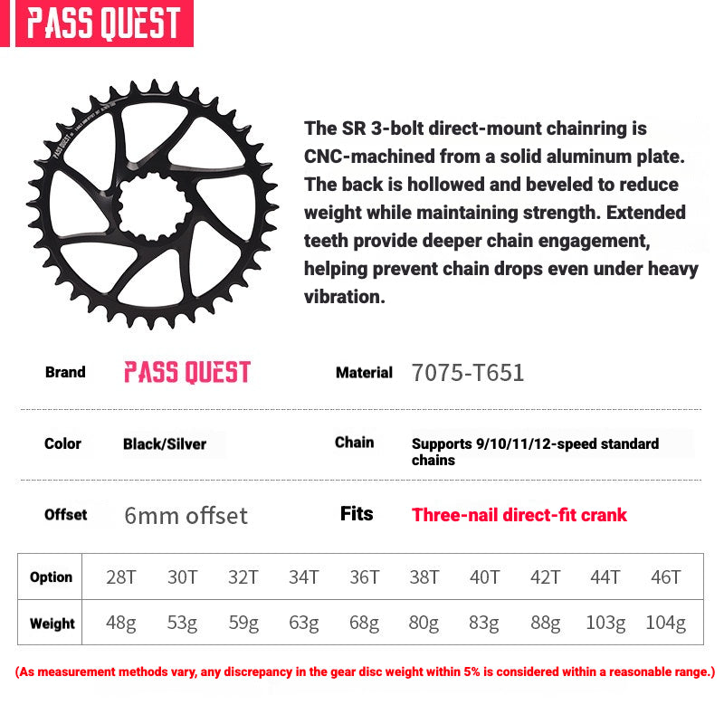 PASS QUEST DUB / GXP 3-Bolt Direct Mount Narrow-Wide MTB Chainring | 6mm Offset 28T–46T
