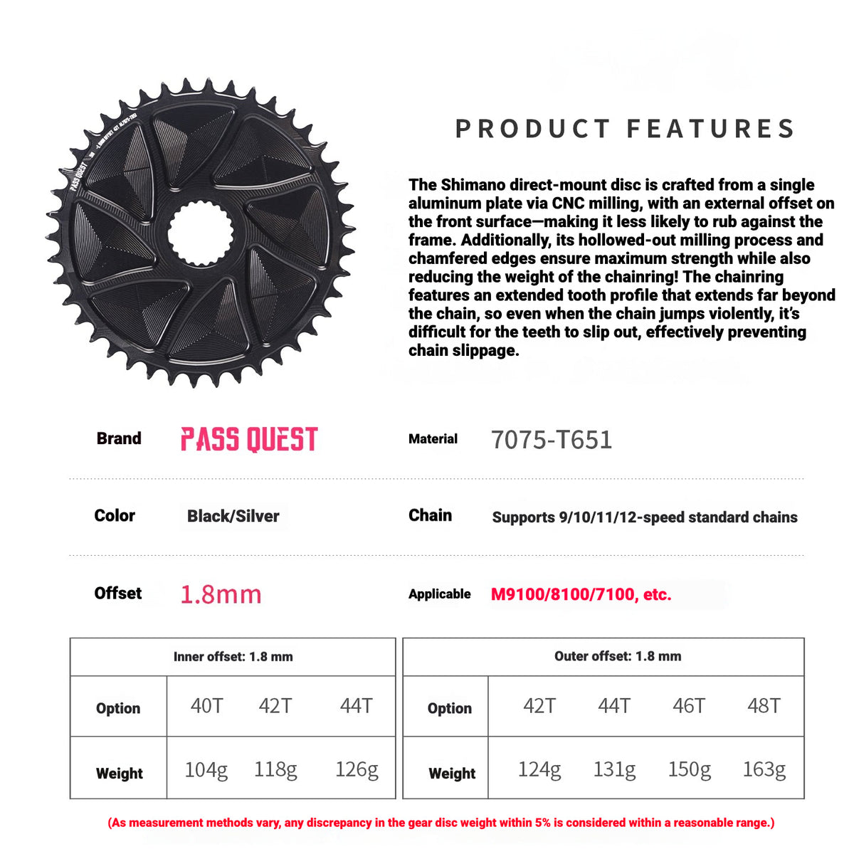 PASS QUEST Shimano Direct Mount Narrow Wide Chainring | M9100 M8100 M7100 M6100 | 1.8mm Offset | 40T–48T