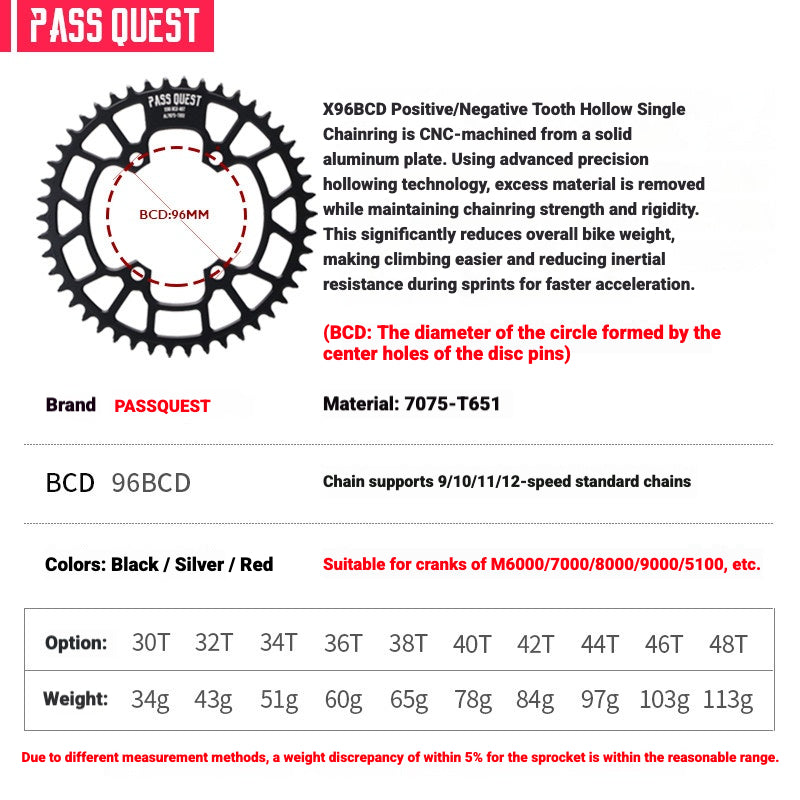 PASS QUEST X96BCD Narrow-Wide Chainring for Shimano M6000 / M7000 / M8000 / M9000 / M5100 | 30T–48T