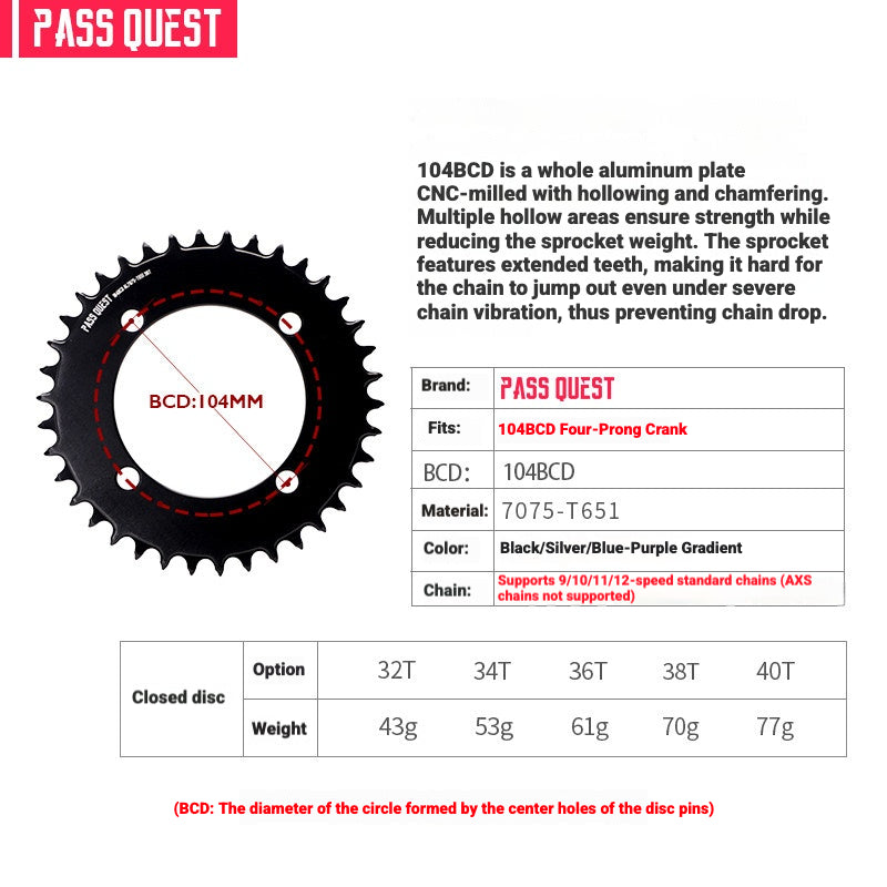PASS QUEST 104BCD Full-Profile Narrow-Wide Chainring | Shimano XT / SLX 1x MTB 32T–40T