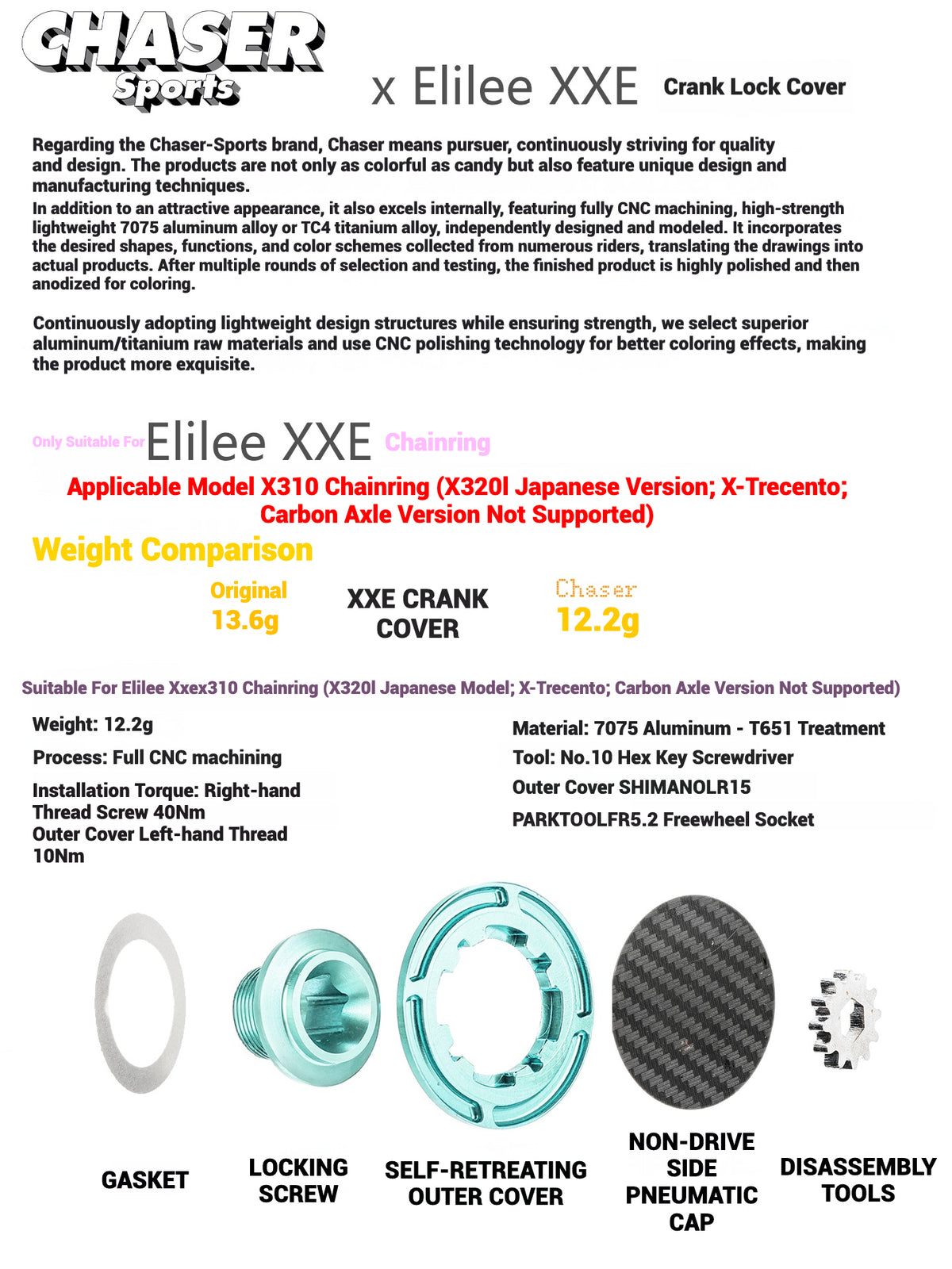 Chaser Ultra-Light Aluminum Crank Bolt Kit for Elilee XXE X310｜Chainring Fixing Bolt & Anti-Loosening Cap Set (with Aerodynamic Dust Cap)
