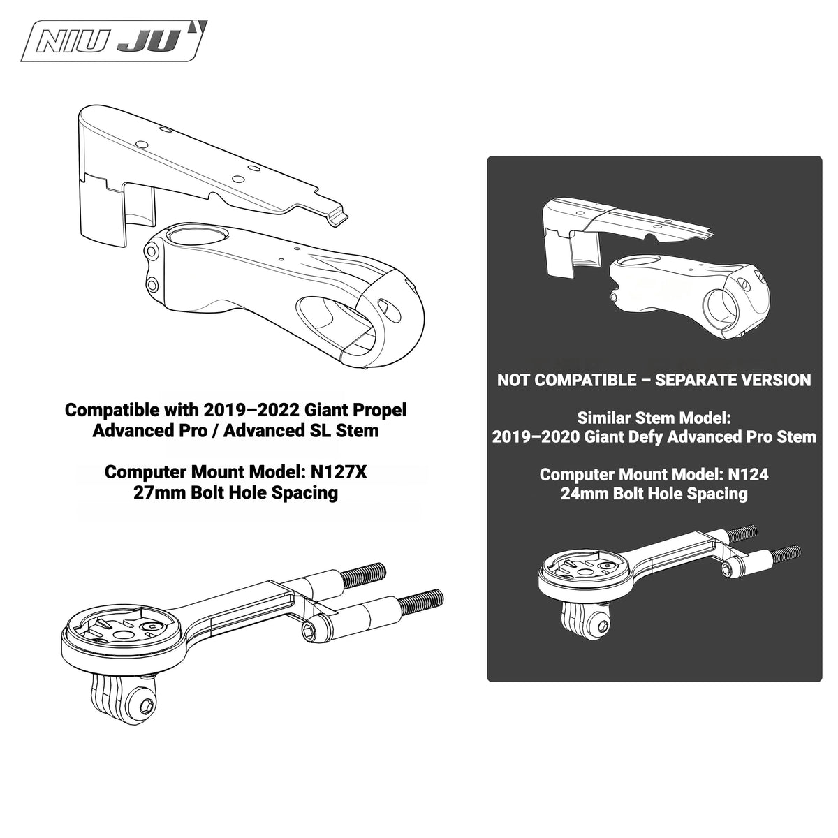 NIUJU CNC Aluminum Computer Mount for Giant Propel Advanced Pro / SL 2019–2022 | Garmin Wahoo