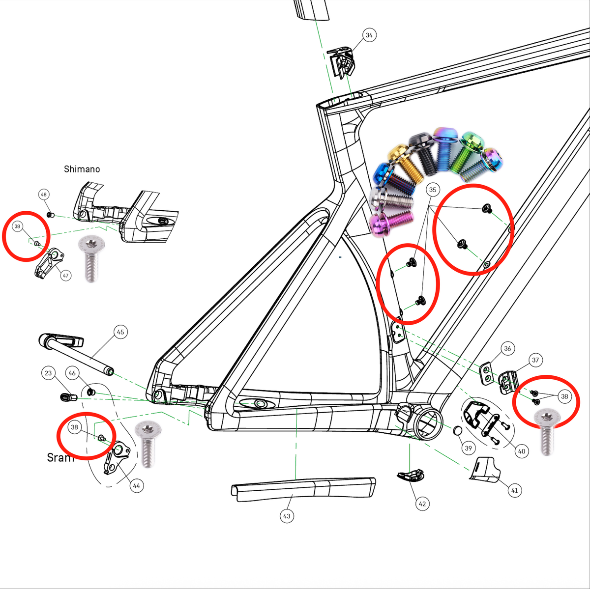 Compatible avec Canyon Aeroad CFR/CF SLX – Kit complet de mise à niveau des boulons en titane - guidon, potence, tige de selle, selle, dérailleur