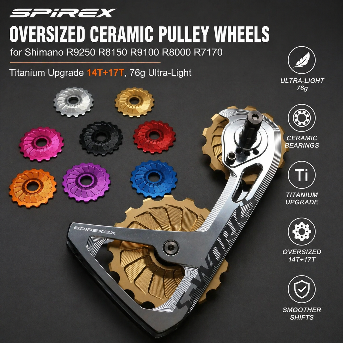 SPIREX Rodas de Polia Cerâmicas Oversized para Shimano R9250 R8150 R9100 R8000 R7170 – Upgrade de Titânio 14T+17T, 76g Ultra-Leve
