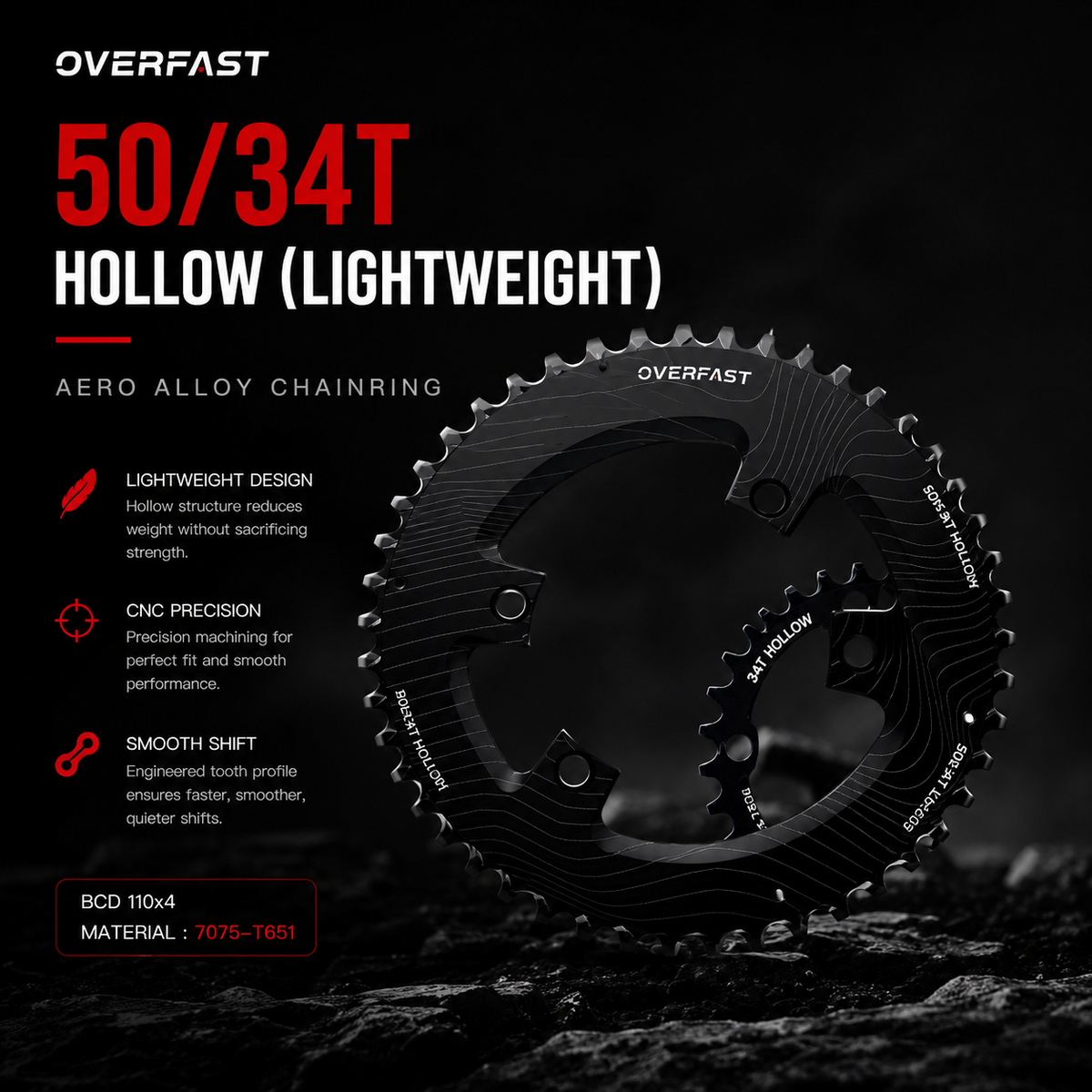 OVERFAST Aero & Lightweight Alloy Chainring Set | 50/34T & 52/36T | 110x4 BCD