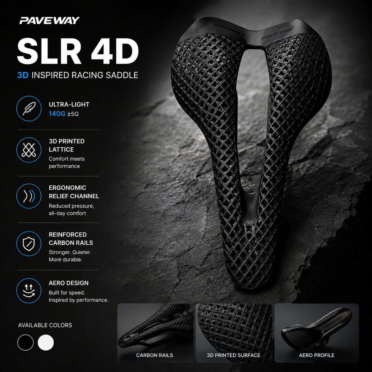 PAVEWAY SLR 4D 3D Inspired Ultra-Light Carbon Racing Saddle | 145g Aero Road Bike Saddle