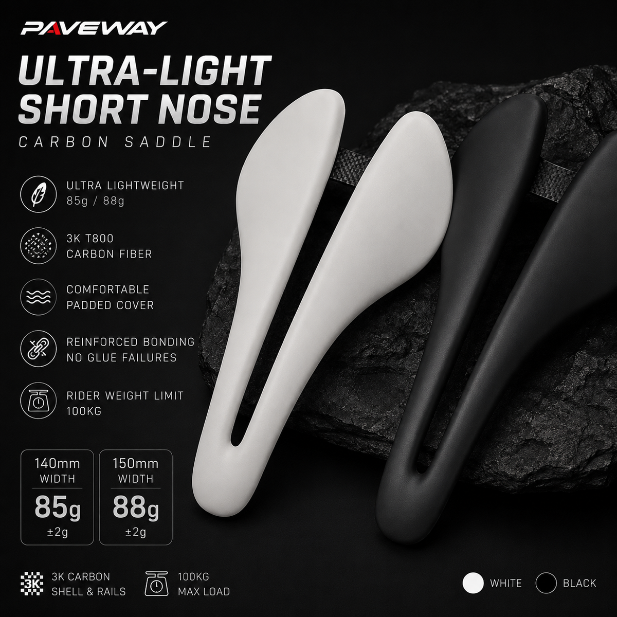 PAVEWAY Ultra-Light Short Nose Carbon Saddle – 85g Full Carbon Racing Saddle Inspired by Lupina Style