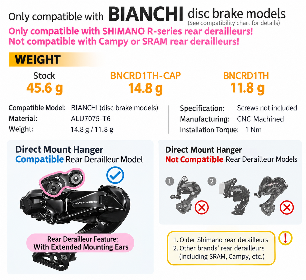Chaser Ultralight Direct Mount Derailleur Hanger for Bianchi Oltre / Sprint / XR3 / XR4 | Shimano Road
