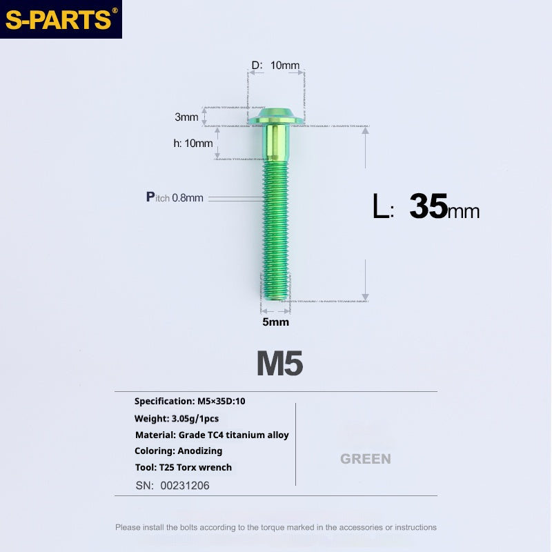 Vite in titanio per motocicletta elettrica S-PARTS A3 con testa a ombrello M5 L06-55mm D10