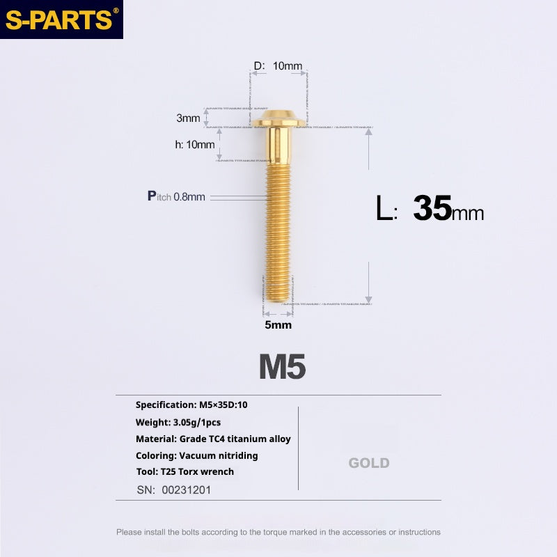 Vite in titanio per motocicletta elettrica S-PARTS A3 con testa a ombrello M5 L06-55mm D10