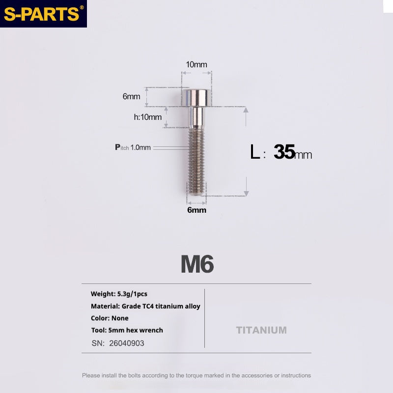 S-PARTS M6x30/40/35/50/60/70 Coperchio cuffia Pinza freno a disco Vite testa stelo in lega di titanio