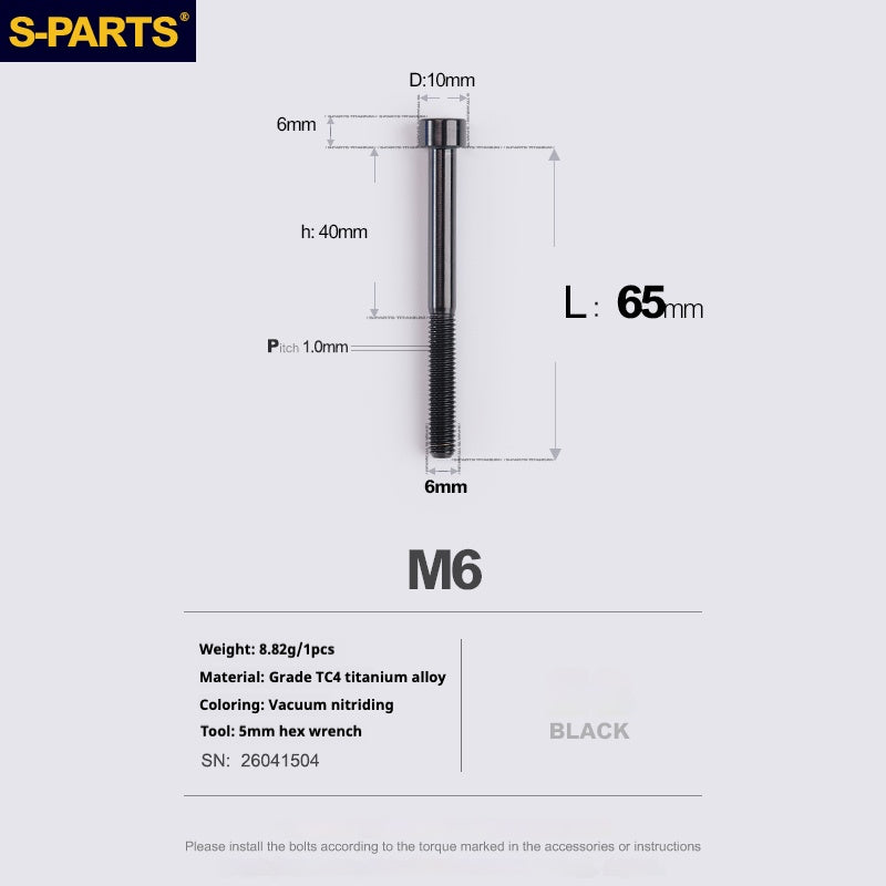 S-PARTS M6x30/40/35/50/60/70 Coperchio cuffia Pinza freno a disco Vite testa stelo in lega di titanio