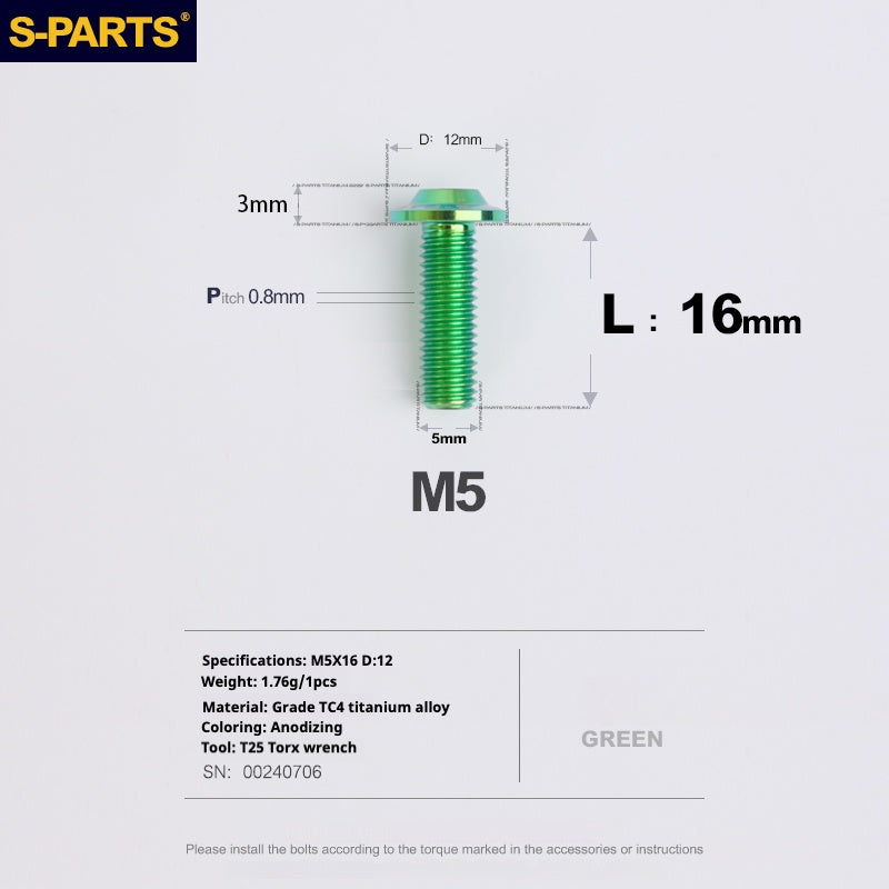S-PARTS M5 10-30MM Motociclo Veicolo elettrico A3 Nuovo ombrello Testa D12 Vite in lega di titanio
