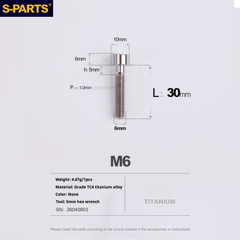S-PARTS M6x30/40/35/50/60/70 Coperchio cuffia Pinza freno a disco Vite testa stelo in lega di titanio