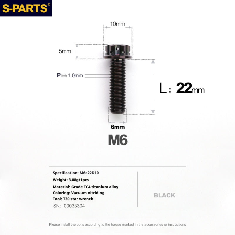SPARTS Série A3 M6 L08-120mm Vis en titane noir pour moto et auto
