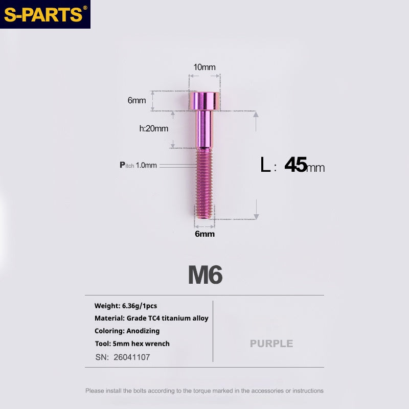 S-PARTS M6x30/40/35/50/60/70 Coperchio cuffia Pinza freno a disco Vite testa stelo in lega di titanio