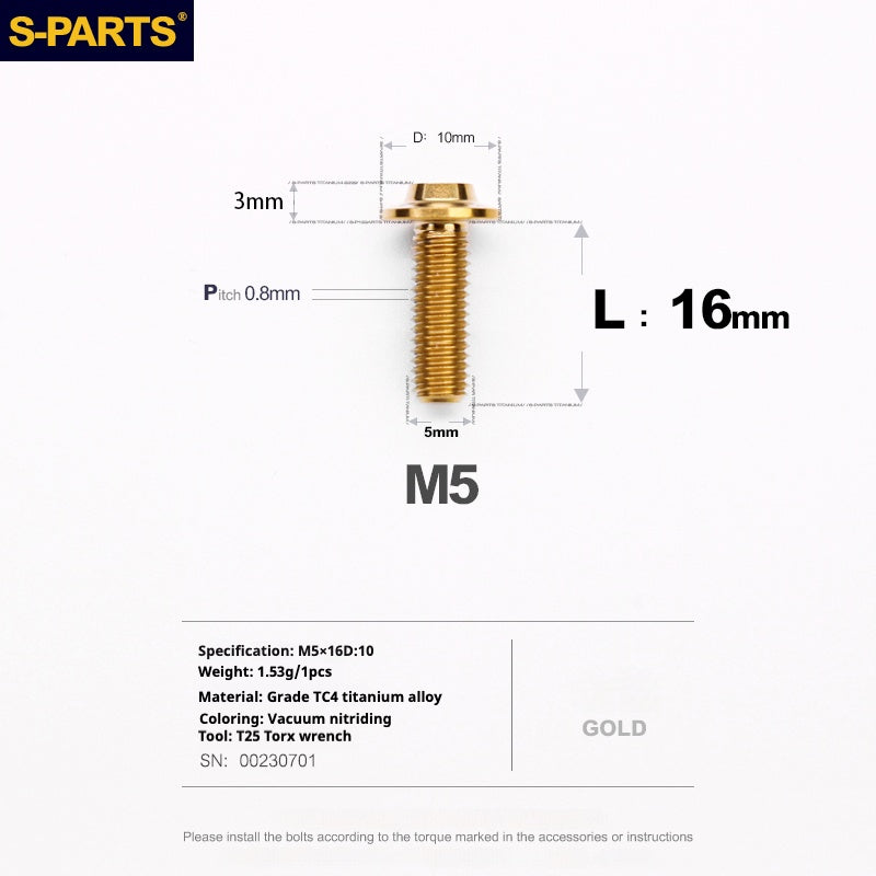 Vite in titanio per motocicletta elettrica S-PARTS A3 con testa a ombrello M5 L06-55mm D10