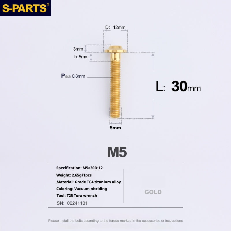 S-PARTS M5 10-30MM Motociclo Veicolo elettrico A3 Nuovo ombrello Testa D12 Vite in lega di titanio