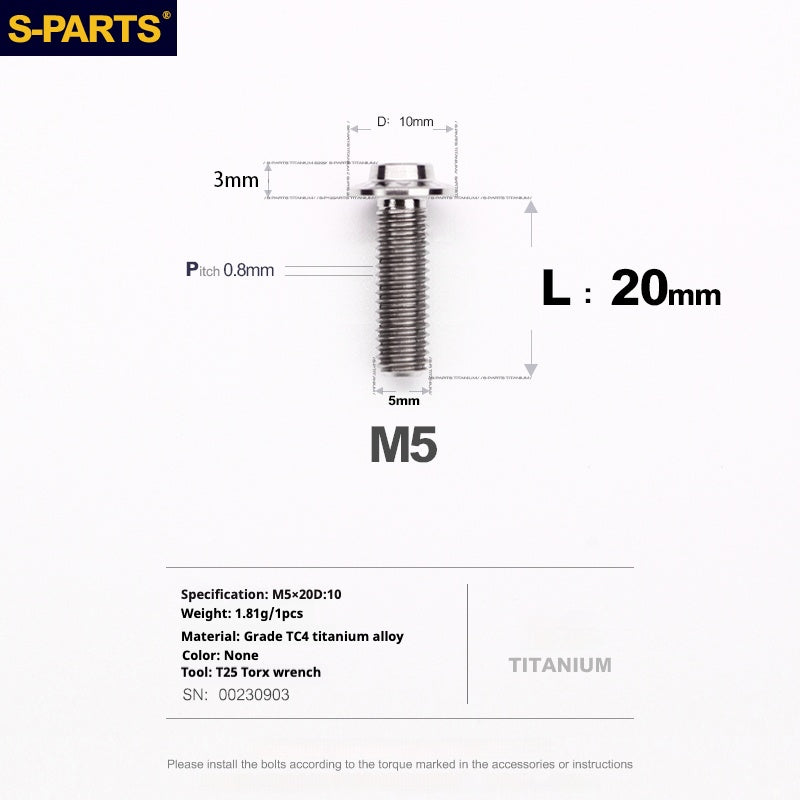 Vite in titanio per motocicletta elettrica S-PARTS A3 con testa a ombrello M5 L06-55mm D10