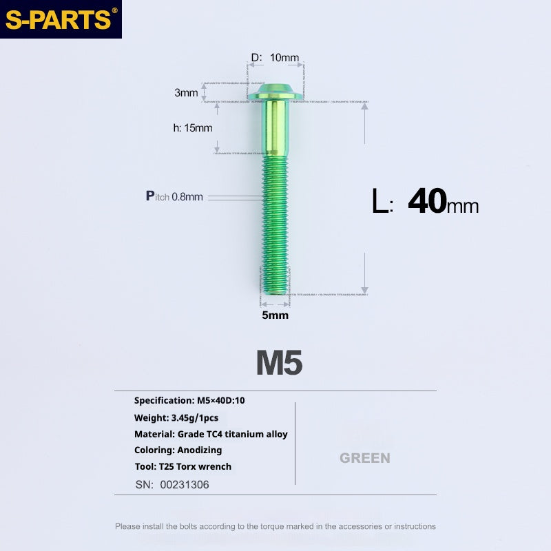 Vite in titanio per motocicletta elettrica S-PARTS A3 con testa a ombrello M5 L06-55mm D10