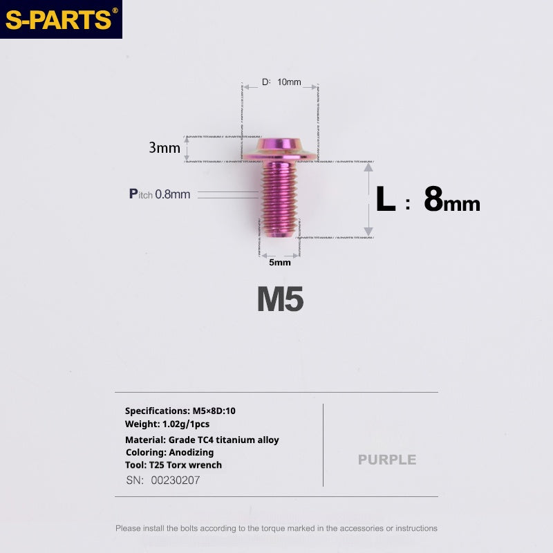 Vite in titanio per motocicletta elettrica S-PARTS A3 con testa a ombrello M5 L06-55mm D10