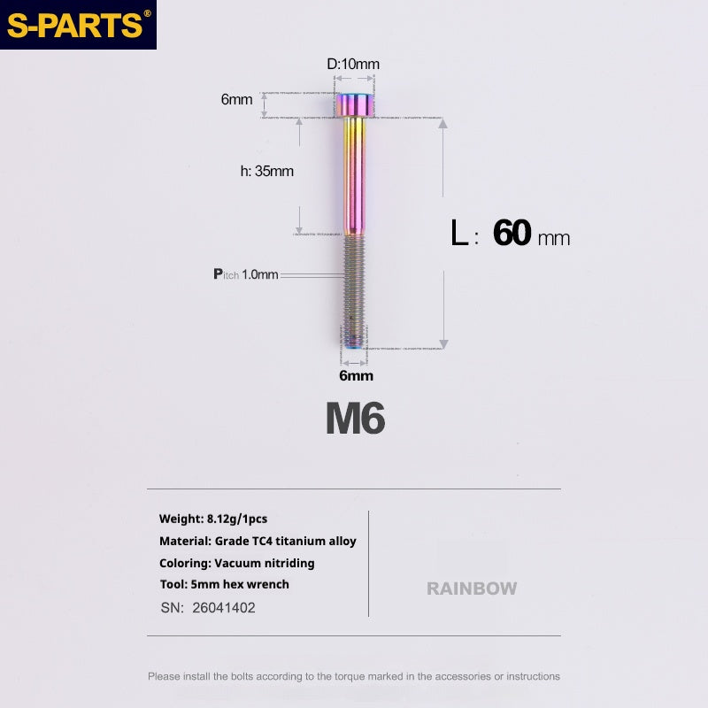 S-PARTS M6x30/40/35/50/60/70 Coperchio cuffia Pinza freno a disco Vite testa stelo in lega di titanio